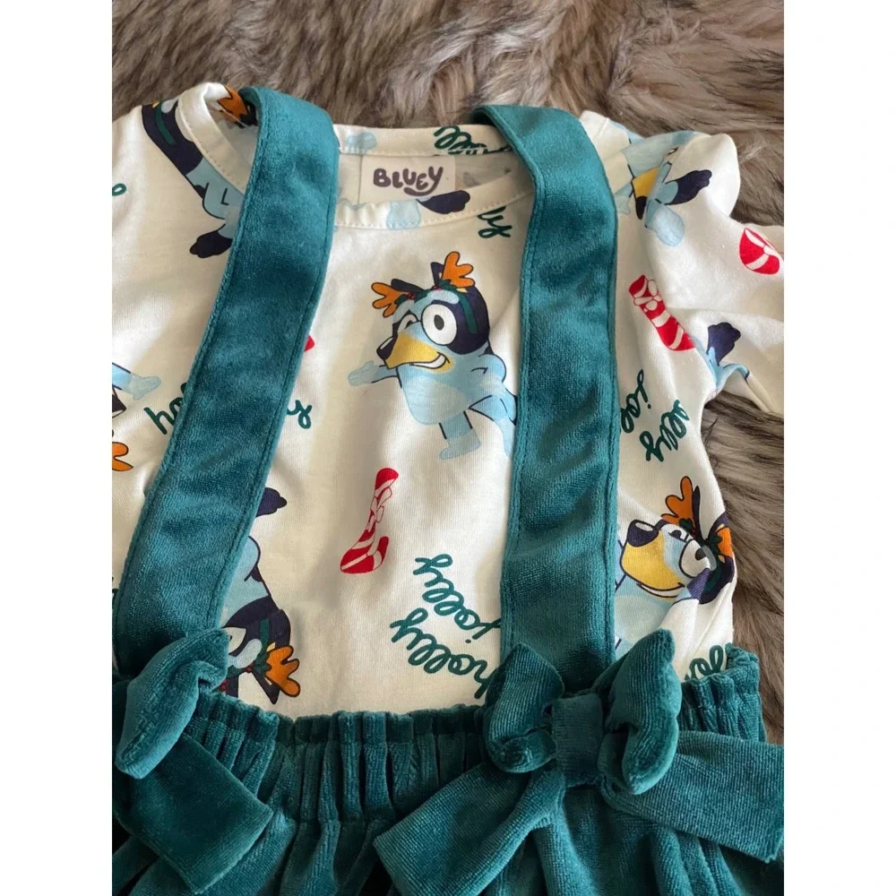 Girl's Toddler Green Velvet Bluey Christmas 2pc Long Sleeve Top Skirtall Set 3T